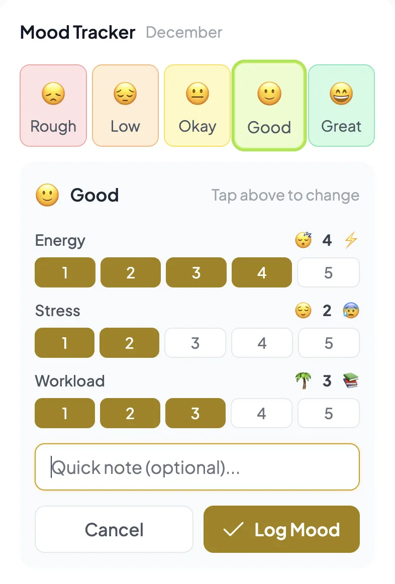 Daily mood check-in card for tracking team wellbeing
